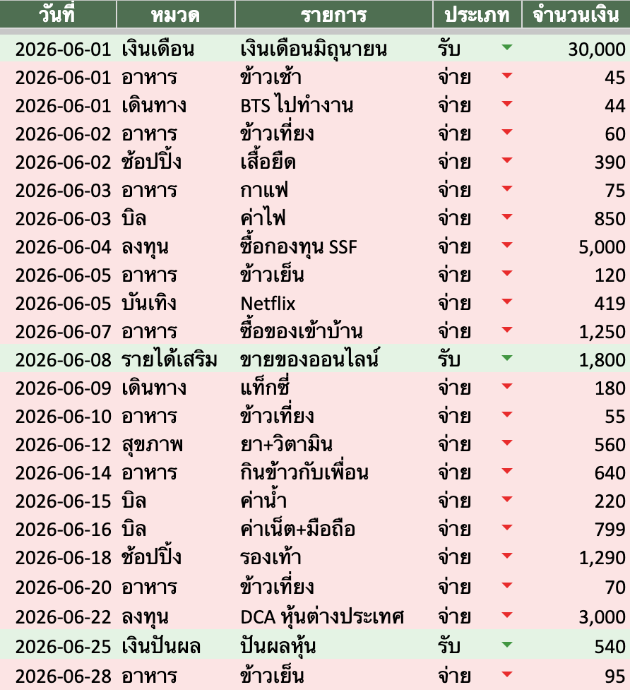 ข้อมูลดิบรายรับรายจ่าย พร้อม dropdown และสีแยกรับ/จ่าย