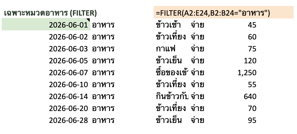 FILTER ดึงเฉพาะรายการหมวดอาหารออกมาเป็นตารางใหม่