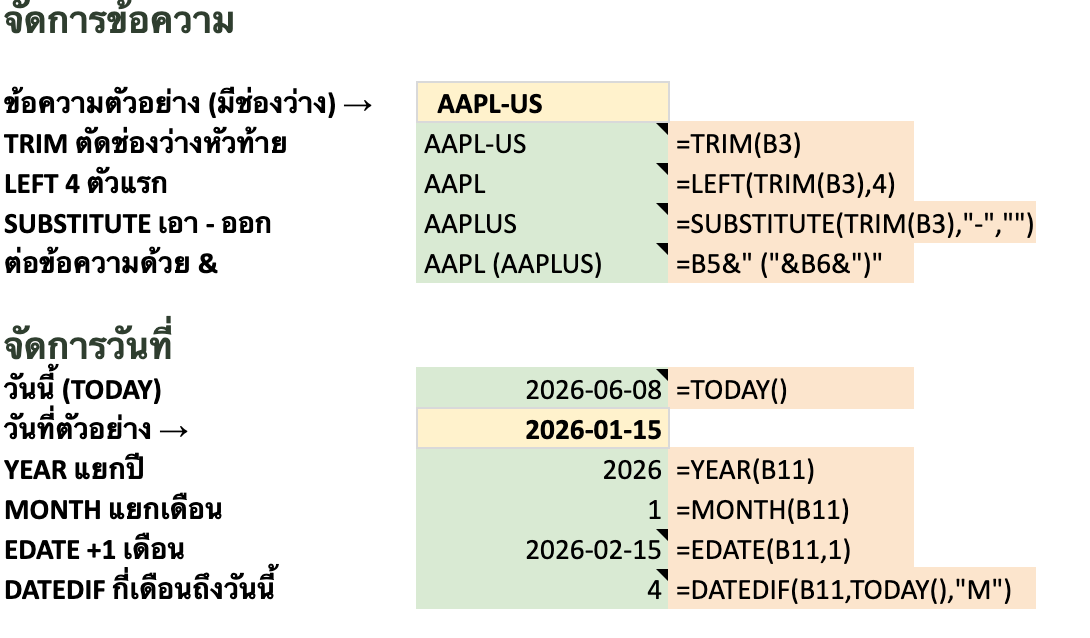 ตัวอย่างสูตรข้อความ (TRIM, LEFT, SUBSTITUTE, &) และวันที่ (TODAY, YEAR, MONTH, EDATE, DATEDIF)